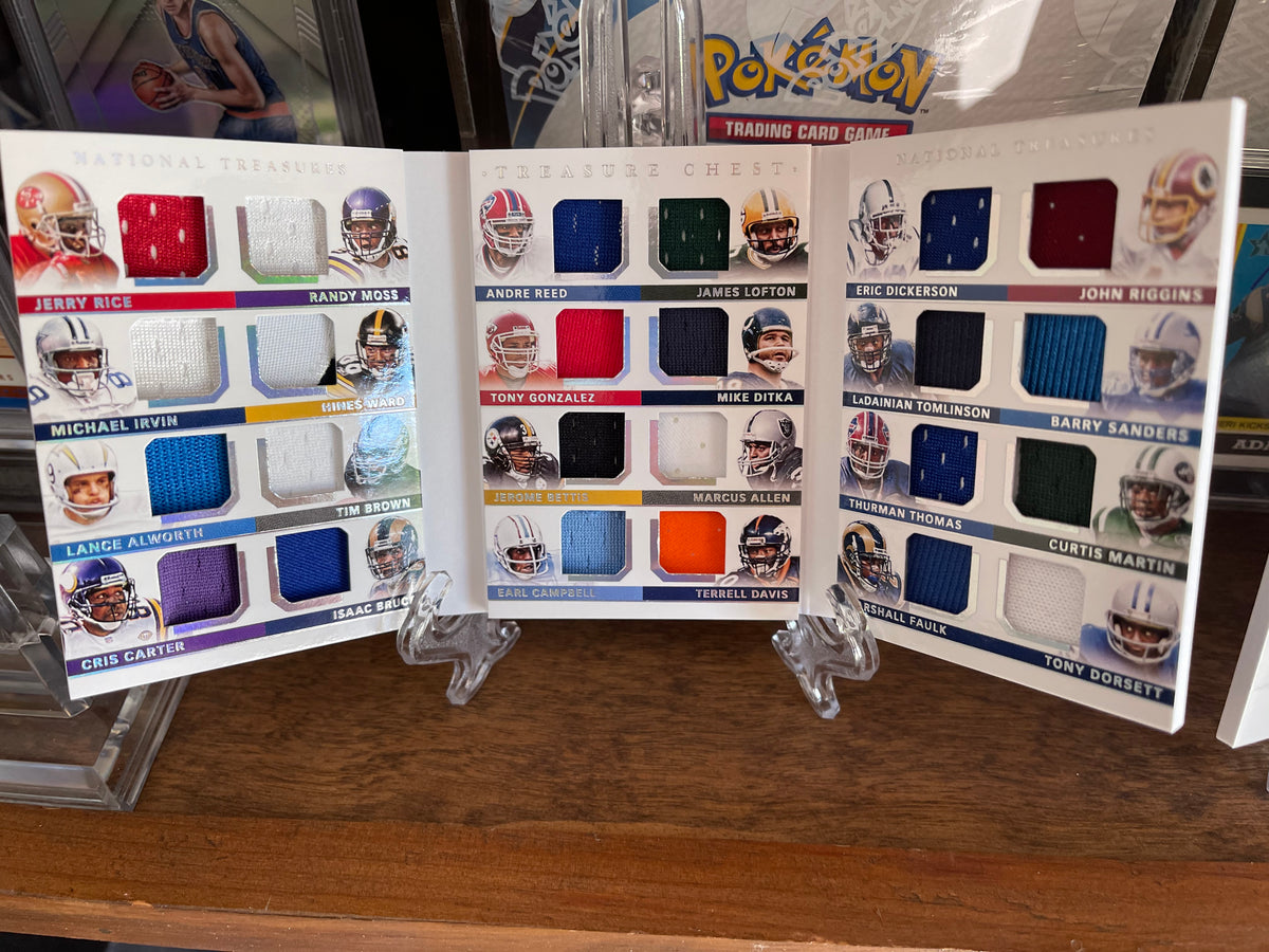 Panini National Treasures HoF Treasure Chest booklet, all three panels open with player names and jersey swatches