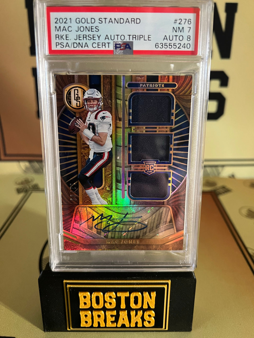 2021 Gold Standard Mac Jones Triple Patch Auto Rookie PSA7 – Bostonbreakscards